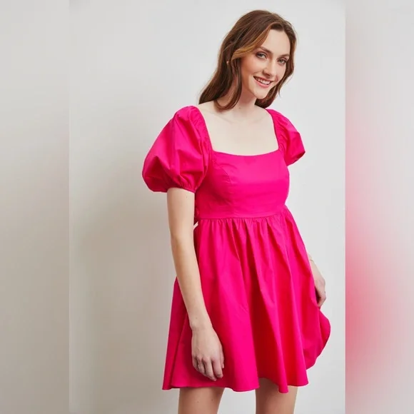 Puff Sleeve Baby Doll Dress with Bow Back and Pockets - Picture 4 of 7